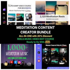 May include: A promotional image for a meditation content creator bundle. The image includes text for a video course, meditation reels, and music. The image also includes social media icons and the text "Ready to Go With Extra Bonus."