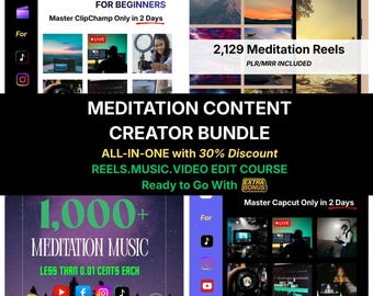 Pacchetto per la creazione di contenuti di meditazione, tracce musicali, video reel, corso di montaggio video, Instagram, Youtube, Tiktok