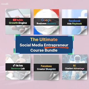 Może przedstawiać: Obraz promocyjny dla pakietu kursów dla przedsiębiorców w mediach społecznościowych. Obraz zawiera sześć modułów z logo YouTube, Google, Facebook, TikTok, AI i planem twórcy bez twarzy. Centralny baner głosi "The Ultimate Social Media Entrepreneur Course Bundle."