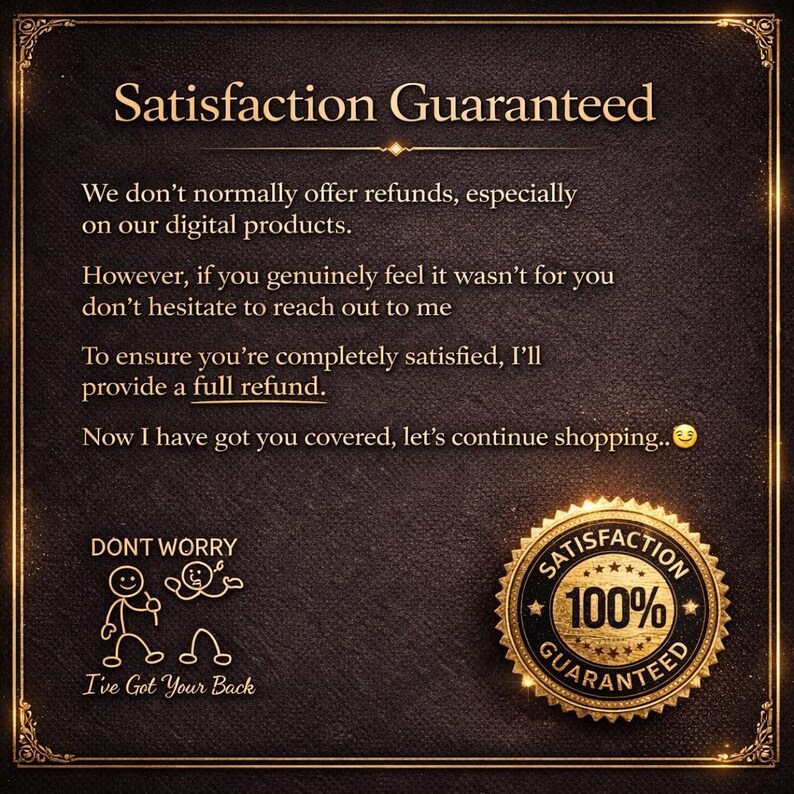 Satisfaction guaranteed image showing a 100 percent guarantee badge and reassurance message offering support and refunds for digital products