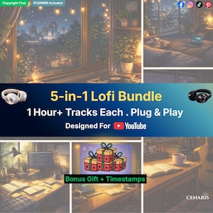 Puede incluir: Arte digital que promociona un paquete Lofi 5 en 1. La imagen presenta una escena de habitación acogedora con vista a la ciudad, un tocadiscos, auriculares y un escritorio. El texto incluye "5-in-1 Lofi Bundle" y "Designed For YouTube."