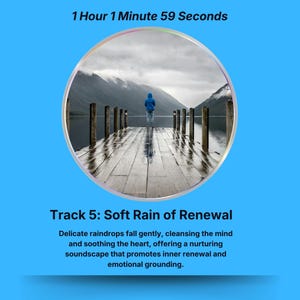 May include: A circular image with a blue background features a person in a blue hooded jacket standing on a wooden dock. The text at the top reads "1 Hour 1 Minute 59 Seconds." Below, it says "Track 5: Soft Rain of Renewal."