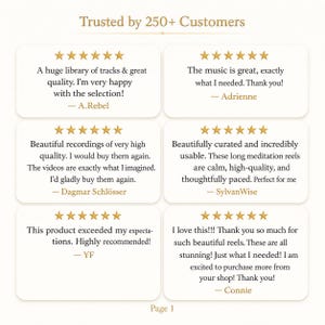 May include: A graphic display titled Trusted by 250+ Customers featuring six individual five-star reviews. Each review includes gold star icons, customer feedback text, and a name. The text includes comments like A huge library of tracks and Beautiful recordings.