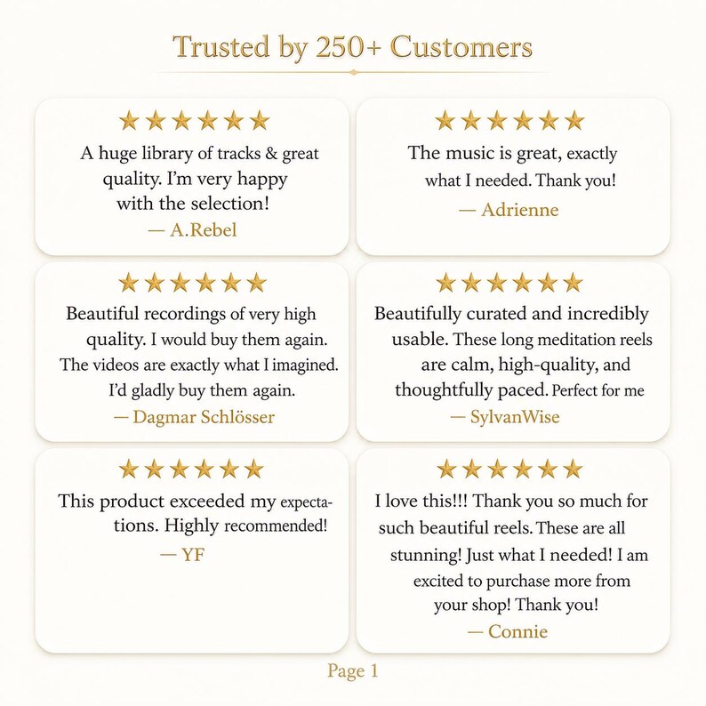 May include: A graphic display titled Trusted by 250+ Customers featuring six individual five-star reviews. Each review includes gold star icons, customer feedback text, and a name. The text includes comments like A huge library of tracks and Beautiful recordings.