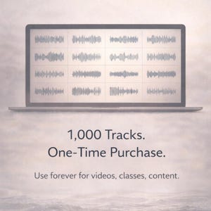 May include: A laptop displays a grid of audio waveforms, suggesting music or sound editing software. Below the laptop, the text reads "1,000 Tracks. One-Time Purchase. Use forever for videos, classes, content."