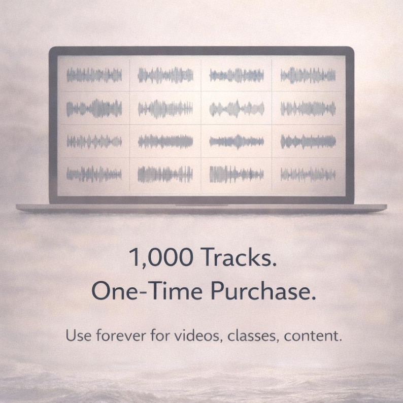 May include: A laptop displays a grid of audio waveforms, suggesting music or sound editing software. Below the laptop, the text reads "1,000 Tracks. One-Time Purchase. Use forever for videos, classes, content."