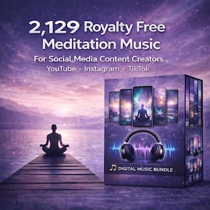 以下が含まれることがあります： 「2,129 Royalty Free Meditation Music」と「Digital Music Bundle」のテキストが入ったデジタル音楽バンドル。画像には、桟橋で瞑想する人、瞑想シーンを表示するスマートフォンが入った箱、ヘッドフォンが写っています。