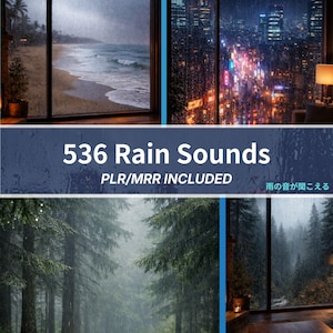 Puede incluir: Imagen que muestra cuatro escenas diferentes vistas a través de ventanas durante una tormenta. Las escenas incluyen una playa, una ciudad de noche, un bosque y un interior acogedor. El texto dice "536 Rain Sounds" con "PLR/MRR INCLUDED".