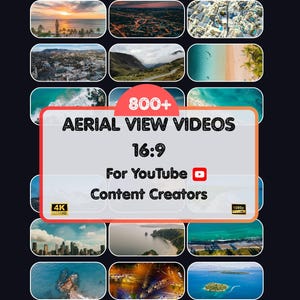 Op de afbeelding: Donkere achtergrond met een raster van luchtfoto-videominiaturen. Een centrale afbeelding toont "800+ AERIAL VIEW VIDEOS 16:9 For YouTube Content Creators." De afbeelding bevat 4K- en 1080p-labels en een YouTube-logo.