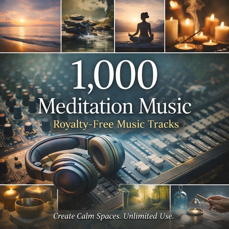 May include: A promotional image for meditation music. The image features a sound mixing board with headphones, and several smaller images depicting serene scenes. The text reads "1,000 Meditation Music Royalty-Free Music Tracks" and "Create Calm Spaces. Unlimited Use."