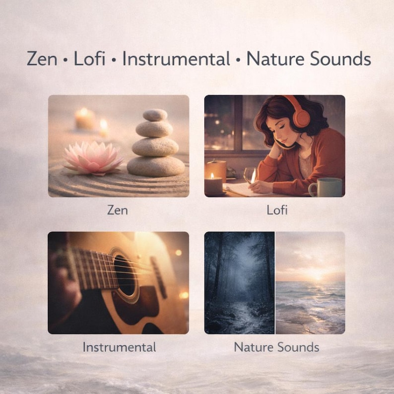 May include: Image with the text "Zen &bull; Lofi &bull; Instrumental &bull; Nature Sounds". The image is divided into four sections. The first section shows a stack of stones, a pink flower, and candles. The second section shows a person with headphones writing. The third section shows a guitar. The fourth section shows a forest and ocean.