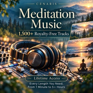 Puede incluir: Auriculares negros y dorados sobre una consola de mezcla de audio profesional. El texto dice: CENARIS Meditation Music, 1,500+ Royalty-Free Tracks, Lifetime Access, Every Length You Need, From 1 Minute to 5+ Hours. Incluye imágenes de naturaleza.