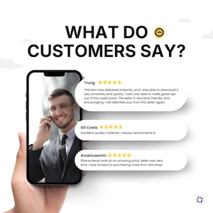 May include: A graphic with the text "WHAT DO CUSTOMERS SAY?" displays customer reviews. A person holds a smartphone showing a man on a call and three customer testimonials with five-star ratings. The reviews praise the product and seller.