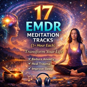 17 bilateral meditation tracks artwork showing calming left-right audio for anxiety relief, grounding meditation, nervous system calm, deep relaxation, and sleep support