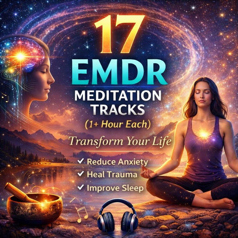 17 bilateral meditation tracks artwork showing calming left-right audio for anxiety relief, grounding meditation, nervous system calm, deep relaxation, and sleep support