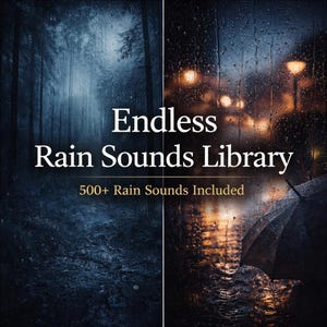 Puede incluir: Imagen dividida en dos, mostrando un bosque oscuro y una escena de ciudad lluviosa. El texto "Endless Rain Sounds Library" se muestra de forma destacada, con "500+ Rain Sounds Included" debajo. El tema general sugiere una colección de sonidos de lluvia ambiental.