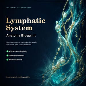 May include: A dark blue educational poster titled The Cenaris Anatomy Series Lymphatic System Anatomy Blueprint. It features text about complex anatomy and three green checkmarks, alongside an abstract illustration of teal flowing lines and white pearls.