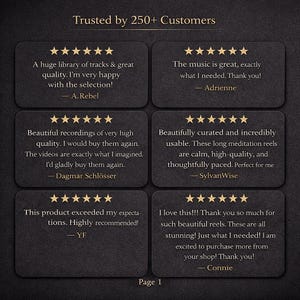 Trusted by customers review image displaying five-star feedback praising meditation tracks, sound quality, and overall user experience