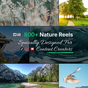 Könnte beinhalten: Eine Collage von Naturszenen, darunter Nahaufnahmen von Pflanzen, ein Weg durch eine grüne Wiese, eine Berglandschaft mit einem See und eine fliegende Möwe. Der Text lautet "800+ Nature Reels" und "Specially Designed For Content Creators."