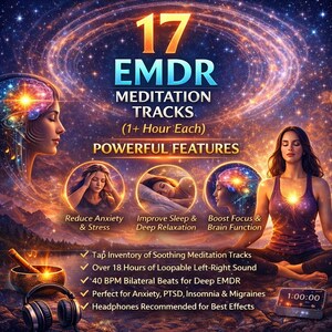 Cosmic meditation artwork with headphones and feature icons representing bilateral sound meditation for relaxation, sleep support, emotional regulation, and mindfulness