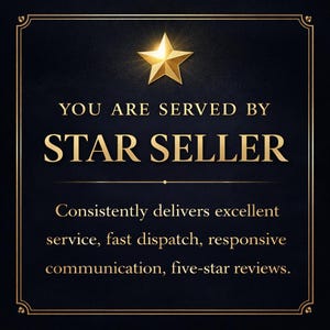 Etsy badge on black background with gold star and border, text reads “You Are Served by Star Seller” and highlights excellent service, fast dispatch, responsive communication, and consistent five-star reviews.