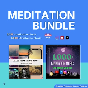 Pode incluir: Gráfico azul que promove um pacote de meditação. O texto diz "MEDITATION BUNDLE" com detalhes de 2.129 rolos de meditação e 1.000 faixas de música de meditação. A imagem inclui uma maquete de telefone e um gráfico com o texto "1.000+ MEDITATION MUSIC".