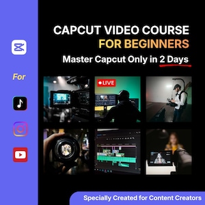 Puede incluir: Gráfico negro con el texto "CAPCUT VIDEO COURSE FOR BEGINNERS" y "Master Capcut Only in 2 Days." Incluye imágenes de producción de video, edición y transmisión en vivo. Iconos de redes sociales a la izquierda. "Specially Created for Content Creators" en la parte inferior.