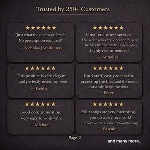 May include: A dark brown graphic with customer testimonials and the text "Trusted by 250+ Customers." The testimonials are in rectangular boxes with gold star ratings and quotes from satisfied customers.