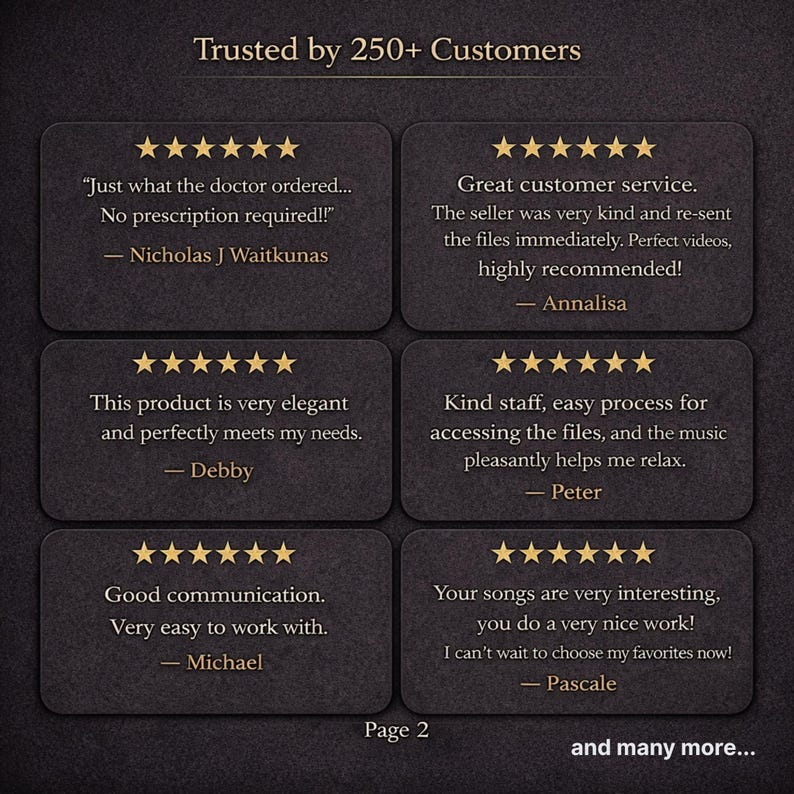 May include: A dark brown graphic with customer testimonials and the text "Trusted by 250+ Customers." The testimonials are in rectangular boxes with gold star ratings and quotes from satisfied customers.