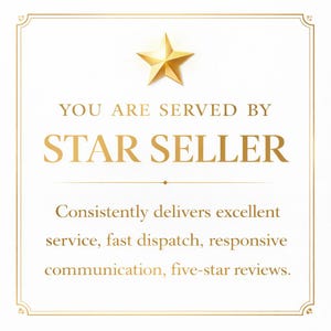 May include: A square graphic with a gold border and a gold star at the top. The text reads: YOU ARE SERVED BY STAR SELLER. Consistently delivers excellent service, fast dispatch, responsive communication, five-star reviews. The background is white.