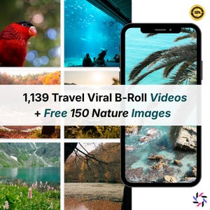 Puede incluir: Un collage de imágenes de naturaleza y viajes, que incluye un pájaro rojo, escenas submarinas y paisajes. Un smartphone muestra una escena de playa tropical. El texto dice "1,139 Travel Viral B-Roll Videos + Free 150 Nature Images."