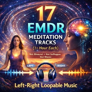 May include: Digital artwork advertising 17 EMDR meditation tracks, each lasting over an hour. The image shows a meditating woman, a brain illustration, and headphones. Text includes "Left-Right Loopable Music" and "Not Binaural, Not Solfeggio, Not Waves."