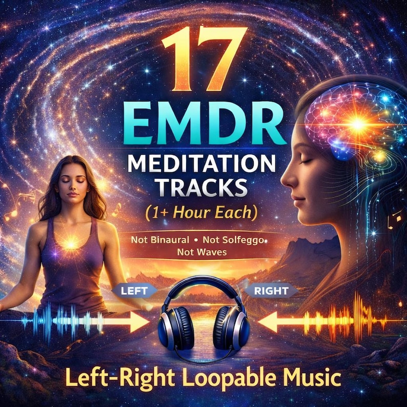 17 bilateral sound meditation tracks featuring left-right alternating audio for deep relaxation, anxiety relief, nervous system calm, grounding meditation, and sleep support, designed for headphone listening