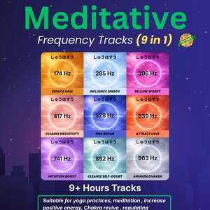 May include: A graphic with the title "Meditative Frequency Tracks (9 in 1)" and nine colored squares, each with a frequency in Hz and a related benefit like "Reduce Pain" or "Attract Love." The graphic also includes the text "9+ Hours Tracks."