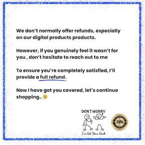 May include: A white background with a blue border contains text about refunds for digital products. The text states that refunds are not normally offered, but a full refund will be provided if the customer is not satisfied. The image includes a "Don't Worry" graphic and a "100% Satisfaction" seal.