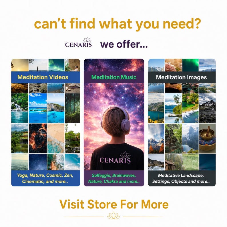 May include: A promotional graphic for Cenaris featuring three vertical panels. The left shows meditation videos, the centre displays a person with headphones against a cosmic sky, and the right shows meditation images. Text includes 'can't find what you need? we offer...' and 'Visit Store For More'.