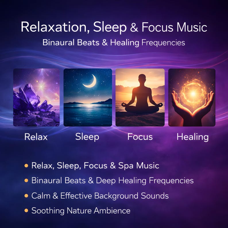 May include: A promotional image with the text "Relaxation, Sleep & Focus Music". It features four panels with images representing relaxation, sleep, focus, and healing. Additional text highlights features like binaural beats and soothing nature ambiance.