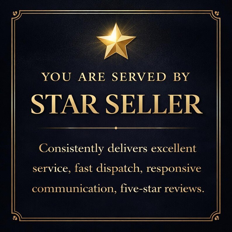 Etsy badge on white background with gold star and border, text reads “You Are Served by Star Seller” and highlights excellent service, fast dispatch, responsive communication, and consistent five-star reviews.
