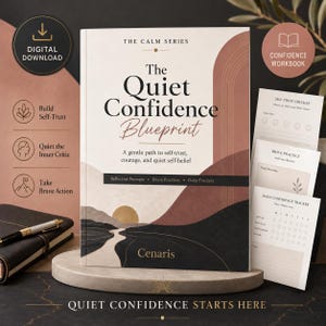 May include: A workbook titled The Quiet Confidence Blueprint from The Calm Series by Cenaris. The cover features a landscape illustration with a sun, hills, and a path in shades of cream, terracotta, and black. Includes pages for self-trust.