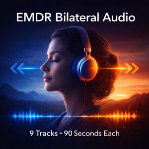 May include: A woman wearing headphones, eyes closed, with the text "EMDR Bilateral Audio." The image features blue and orange light beams and the text "9 Tracks • 90 Seconds Each."
