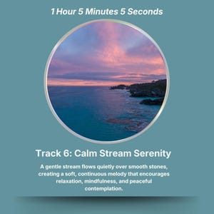 May include: A circular image features a coastal scene with a vibrant sunset over the ocean. The text at the top reads "1 Hour 5 Minutes 5 Seconds." Below, it says "Track 6: Calm Stream Serenity."