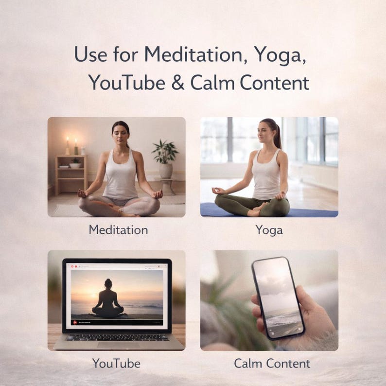 May include: Image promoting meditation, yoga, and calm content. It features four panels: two women meditating and doing yoga, a laptop displaying a meditation video, and a phone showing a calm landscape. Text reads: Use for Meditation, Yoga, YouTube & Calm Content.