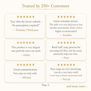 May include: A graphic display titled Trusted by 250+ Customers featuring six individual five-star customer reviews. Each review includes a testimonial quote and the name of the reviewer, presented in a clean, light-coloured layout with gold text.
