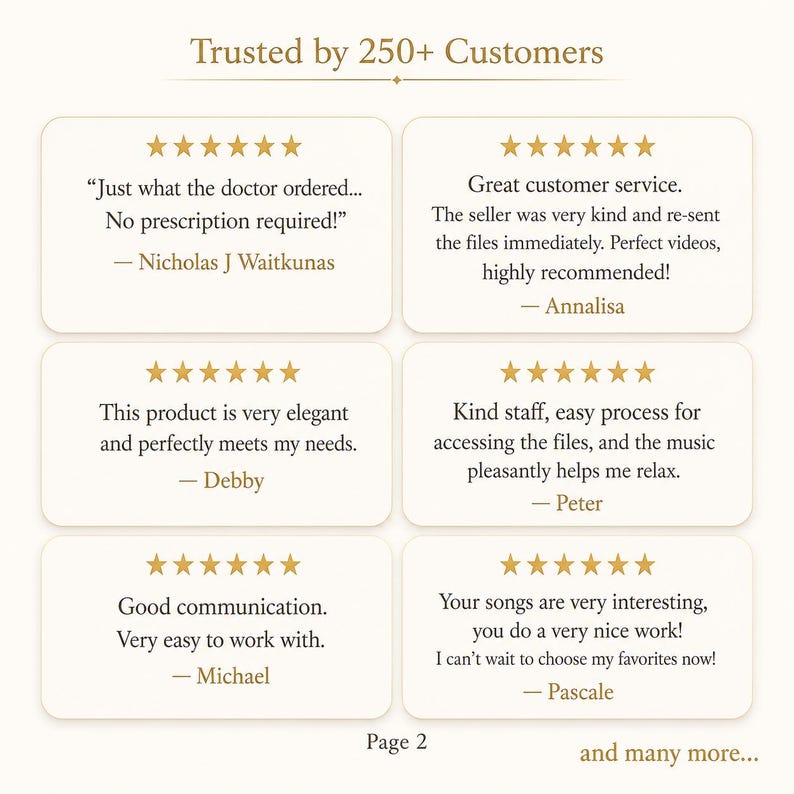 May include: A graphic display titled Trusted by 250+ Customers featuring six individual five-star customer reviews. Each review includes a testimonial quote and the name of the reviewer, presented in a clean, light-coloured layout with gold text.