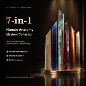 May include: The Cenaris Anatomy Series 7-in-1 Human Anatomy Mastery Collection features seven tall, slender, multi-colored obelisk-shaped guides arranged on a circular gold base. Text includes Seven specialist guides. One connected understanding.