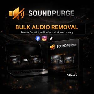 Może przedstawiać: Obraz promocyjny oprogramowania SoundPurge. Obraz przedstawia laptopa wyświetlającego interfejs oprogramowania, pudełko produktu i logo SoundPurge. Tekst na obrazie brzmi "BULK AUDIO REMOVAL" i "Remove Sound from Hundreds of Videos Instantly."
