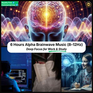May include: An image advertising 6 Hours of Alpha Brainwave Music (8-12Hz) for deep focus. The image shows a stylized human brain with energy waves, and scenes of people studying and working. The text reads "Royalty Free" and "Commercial Use".