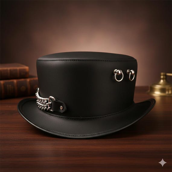 Black Leather Top Hat With Chain and Ring Accents - Etsy display picture 1