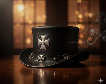 Black Leather Top Hat with Cross Design – Gothic Biker Steampunk Rock Style Hat