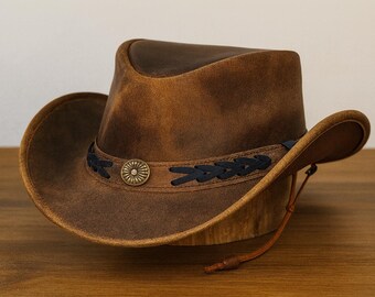 Distressed Brown Cowboy Hat with Woven Band & Concho top hat hand tooled leather
